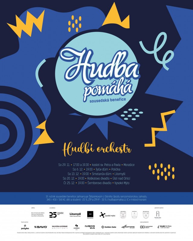 19. ročník sousedské benefice Hudba pomáhá se letos vydává se svým hudbým orchestrem 29. 11. v 17:00 a 19:30 do Morašic, 6. 12. v 19:00 do Poličky, 13. 12. v 15:00 a 19:00 do Litomyšle, 20. 12. v 19:00 do Ústí nad Orlicí a poslední koncert bude ve Vysokém Mýtě 25. 12. od 19:00. Podpoří rodinu Štěpánkových z Dolního Újezdu. 